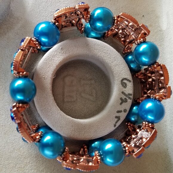 Hand Crafted Pearl/Rhinestone Bracelet & Drop Earrings Cerulean Blue-Royal Blue - Picture 9 of 11